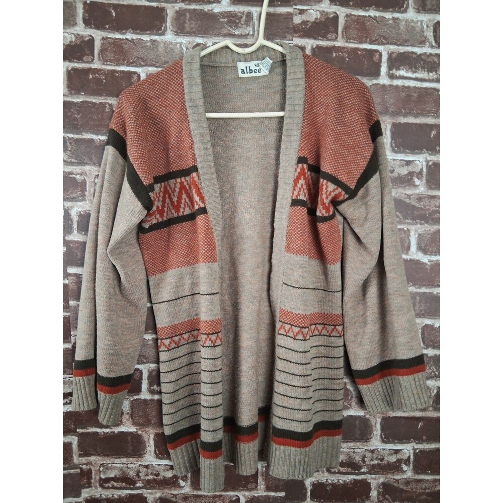Vintage 1970s Cardigan Sweater Womens SMALL Beige Geometric Hippie Open Grandpa